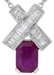 1.26CT DIAMOND & AAA RUBY 18KT WHITE GOLD 3D BAGUETTE & EMERALD X LOVE NECKLACE