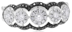 WIDE .80CT WHITE & BLACK DIAMOND 14KT WHITE GOLD 3D MULTI FLOWER HALO LOVE RING