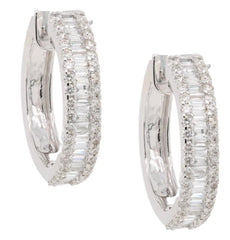 .88CT DIAMOND 14KT WHITE GOLD 3D ROUND & BAGUETTE HUGGIE HOOP HANGING EARRINGS
