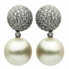 ESTATE LARGE 1.56CT DIAMOND & AAA SOUTH SEA PEARL 18KT WHITE GOLD PAVE EARRINGS
