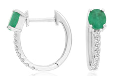 .87CT DIAMOND & AAA EMERALD 14KT WHITE GOLD 3D OVAL & ROUND HUGGIE HOOP EARRINGS