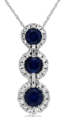 0.75CT DIAMOND & AAA SAPPHIRE 14KT WHITE GOLD 3 STONE ROUND HALO JOURNEY PENDANT