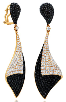 LARGE 9.16CT WHITE & BLACK DIAMOND 18KT ROSE GOLD 3D TEAR DROP HANGING EARRINGS