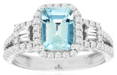 1.98CT DIAMOND & AAA AQUAMARINE 14KT WHITE GOLD BAGUETTE & ROUND ENGAGEMENT RING