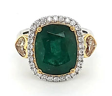 LARGE 6.18CT WHITE YELLOW DIAMOND & AAA EMERALD 18KT 2 TONE GOLD ENGAGEMENT RING