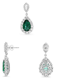 LARGE 11.0CT DIAMOND & AAA EMERALD PLATINUM PEAR SHAPE & ROUND HANGING EARRINGS