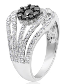 ESTATE .98CT WHITE AND BLACK DIAMOND 14K WHITE GOLD 3D FLOWER MULTI ROW FUN RING