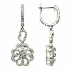 ESTATE .84CT DIAMOND 18KT WHITE GOLD OPEN FLOWER HEART CLASSIC HANGING EARRINGS