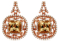 LARGE 3.30CT DIAMOND & AAA MORGANITE 14KT ROSE GOLD 3D CUSHION & ROUND EARRINGS