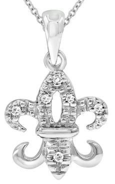 .02CT DIAMOND 14KT WHITE GOLD CLASSIC FILIGREE FLEUR DE LIS FUN FLOATING PENDANT