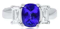 4.02CT DIAMOND & AAA TANZANITE PLATINUM OVAL & BAGUETTE 3 STONE ENGAGEMENT RING