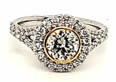 ESTATE 1.69CT WHITE & FANCY YELLOW DIAMOND 18K 2 TONE GOLD ROUND HALO BEZEL RING