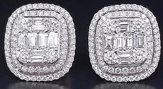LARGE 4CT DIAMOND 18K WHITE GOLD ROUND BAGUETTE SQUARE DOUBLE HALO STUD EARRINGS