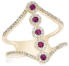 ESTATE .46CT DIAMOND & AAA RUBY 14K YELLOW GOLD 3D MULTI FLOWER V SHAPE FUN RING