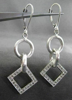 ESTATE .46CT DIAMOND 14K WHITE GOLD MATTE & SHINY CIRCLE SQUARE HANGING EARRINGS