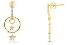 .17CT DIAMOND 14K YELLOW GOLD 3D CIRCLE OF LIFE DOUBLE STAR FUN HANGING EARRINGS
