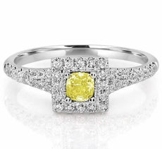 .66CT WHITE & FANCY YELLOW DIAMOND 18KT WHITE GOLD CUSHION FRIENDSHIP LOVE RING
