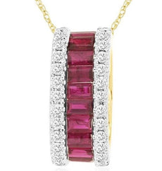 1.10CT DIAMOND & AAA RUBY 14KT YELLOW GOLD EMERALD CUT & ROUND 3 ROW BAR PENDANT