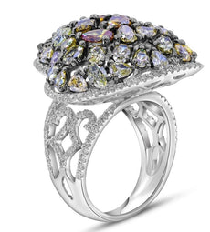 EXTRA LARGE 6.62CT MULTI COLOR DIAMOND 18KT WHITE GOLD HEART SHAPE CLUSTER RING