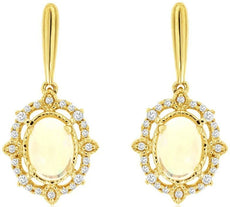 1.16CT DIAMOND & AAA OPAL 14KT YELLOW GOLD OVAL & ROUND FLOWER HANGING EARRINGS