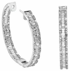6.6CT DIAMOND 18KT WHITE GOLD ROUND & BAGUETTE INSIDE OUT HOOP HANGING EARRINGS