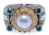 ESTATE AAA BLUE SPINEL & AAA PEARL 18K YELLOW GOLD & 925 SILVER FLOWER FUN RING