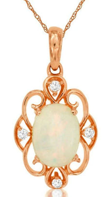 .94CT DIAMOND & AAA OPAL 14K ROSE GOLD OVAL & ROUND OPEN FILIGREE FLORAL PENDANT