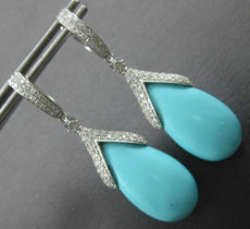 LARGE 17.31CT DIAMOND & AAA TURQUOISE 14KT WHITE GOLD TEAR DROP HANGING EARRINGS
