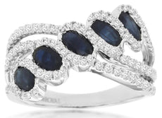 2.08CT DIAMOND & AAA SAPPHIRE 14KT WHITE GOLD OVAL & ROUND 5 STONE DIAGONAL RING