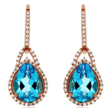 4.6CT DIAMOND & AAA BLUE TOPAZ 14K ROSE GOLD PEAR SHAPE & ROUND HANGING EARRINGS