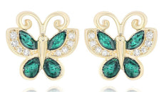 .10CT DIAMOND & GREEN ENAMEL 14KT YELLOW GOLD 3D BUTTERFLY LOVE STUD EARRINGS