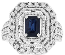 LARGE 1.59CT DIAMOND & AAA SAPPHIRE 14K WHITE GOLD EMERALD CUT HALO OCTAGON RING
