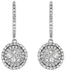 1.10CT DIAMOND 14KT WHITE GOLD ROUND CLUSTER FLOWER DOUBLE HALO HANGING EARRINGS