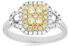 .61CT WHITE & CANARY DIAMOND 14KT WHITE GOLD 3D CLUSTER OCTAGON ANNIVERSARY RING