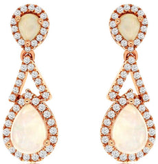 1.39CT DIAMOND & AAA OPAL 14KT ROSE GOLD PEAR SHAPE TEAR DROP HANGING EARRINGS
