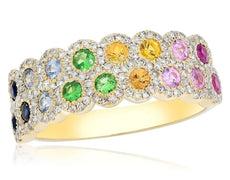 1.03CT DIAMOND & AAA MULTI GEM 14KT YELLOW GOLD 3D DOUBLE HALO ANNIVERSARY RING