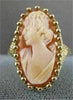 LONG ANTIQUE 14KT YELLOW GOLD LADY CAMEO SHELL FILIGREE COCKTAIL RING #19463