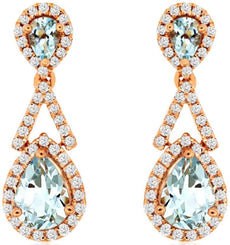 1.95CT DIAMOND & AAA AQUAMARINE 14KT ROSE GOLD PEAR SHAPE HALO HANGING EARRINGS