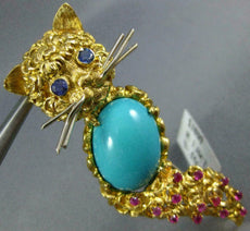 ANTIQUE LARGE 1.85CT AAA SAPPHIRE RUBY TURQUOISE 18K GOLD HAPPY CAT BROOCH #371