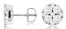 1.90CT DIAMOND 14KT WHITE GOLD 3D CLASSIC CLUSTER FLOWER SCREWBACK FUN EARRINGS