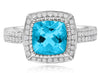WIDE 3.44CT DIAMOND & AAA BLUE TOPAZ 18K WHITE GOLD 3D CUSHION & ROUND LOVE RING