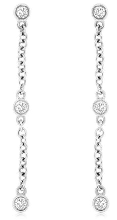 ESTATE .10CT DIAMOND 14KT WHITE GOLD ROUND 3 STONE BY THE YARD HANGING EARRINGS