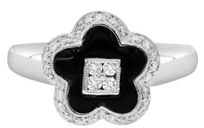 ESTATE .35CT DIAMOND & BLACK ENAMEL 14KT WHITE GOLD 3D FLOWER FUN RING