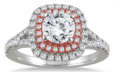 1.5CT DIAMOND 14KT WHITE & ROSE GOLD CLASSIC ROUND DOUBLE HALO ENGAGEMENT RING