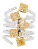 LARGE 4.44CT WHITE & FANCY YELLOW DIAMOND 18KT 2 TONE GOLD CUSHION & ROUND RING