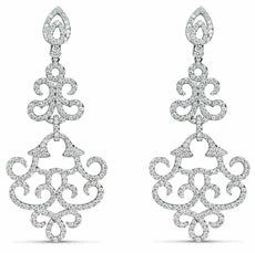 ESTATE LARGE 3.75CT DIAMOND 18KT WHITE GOLD OPEN FILIGREE FLUER DE LIS EARRINGS