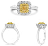 .71CT WHITE & FANCY YELLOW DIAMOND 18KT TWO TONE GOLD ROUND & CUSHION HALO RING