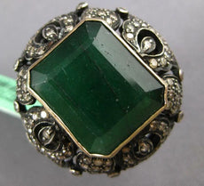 ANTIQUE LARGE 12CT MOCHA DIAMOND & AAA EMERALD 18K YELLOW GOLD & 925 SILVER RING