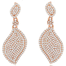 1.42CT DIAMOND 14KT ROSE GOLD 3D CLASSIC DOUBLE LEAF FLOWER FUN HANGING EARRINGS