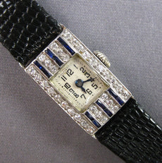 ANTIQUE ART DECO .78CT OLD MINE DIAMOND & AAA SAPPHIRE PLATINUM 3D WATCH #28151